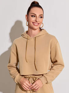 Sweat à capuche court pour femme à manches ballon avec capuche réglable en tissu mélange de coton doux pour un usage quotidien décontracté - Product Image 3