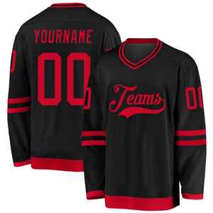 News Men's Black Red Ice Hockey Jersey V-Neck Full Sleeve Moisture Wicking Breathable Embroidered Team Name Number <b>Athletic</b> Fit - Product Image 1