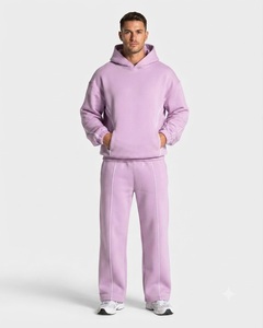 Wholesale Men's Pink <b>Oversized</b> Contrastline Custom Tracksuit Set Premium Quality Cotton Fleece Hoodie & Wide Leg <b>Sweatpants</b> - Product Image 1