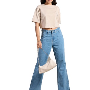 INDEX APPAREL Women's Beige Crop <b>Top</b> Crew Neck Short Sleeve Loose Fit Solid Color Casual Summer Wear - Product Image 6