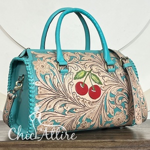 Nuevo Bolso Speedy de Cuero Turquesa con Diseño de Cerezas Grabado a Mano, Estilo Vaquero Occidental, Cartera de Cuero Genuino de Vaca, Bolso de Mano para Mujer - Product Image 1