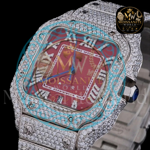 Montre de luxe Moissanite World, cadran carré en quartz 34 mm, boîtier en moissanite, cadran analogique avec chiffres romains, fermoir papillon, unisexe - Product Image 4