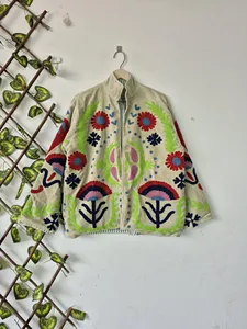 Ethnic Beige <b>Velvet</b> Suzani Floral Embroidered Jacket Full Sleeve Stand Collar Handmade Soft <b>Women's</b> Winter <b>Coat</b> - Product Image 1