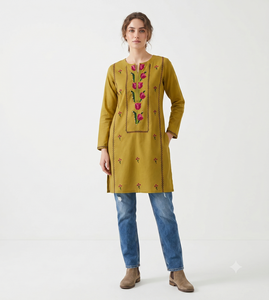 Kurti Tunique Jaune Brodé à la Main pour Femme, Manches Longues, Style Indien Pakistanais, Motifs Floraux, Idéal pour les Fêtes Estivales - Product Image 1