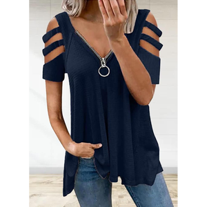 Camiseta Henley de punto gofrado para mujer con cuello en V y cremallera, estilo alternativo de manga corta con hombros descubiertos y cremallera en el hombro - Product Image 1