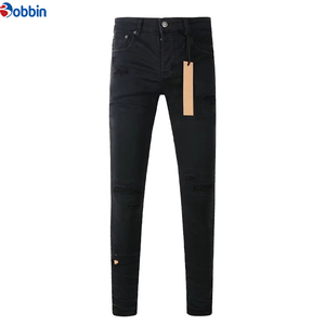 Jeans Negros Ajustados para Hombre, Estilo Casual, Desgastados, Cintura Media, 100% Algodón, Pierna Recta, Tallas Grandes - Product Image 1