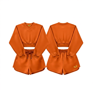Conjunto de 2 piezas de punto para mujer, top corto y pantalones cortos, cuello en V, manga larga, color liso, informal, para todas las estaciones - Product Image 6
