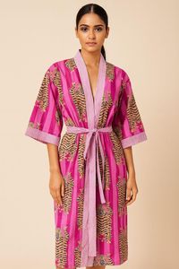 ชุดคลุมกิโมโนผ้าฝ้ายแท้ 100% พิมพ์ลายบล็อกเรียบง่าย สวมใส่สบาย ระบายอากาศได้ดี เก็บความร้อน เหมาะสำหรับเพื่อนเจ้าสาว ไซส์เดียว ชุดนอนฤดูร้อนสำหรับผู้หญิง - Product Image 3