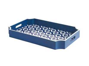 Plateau de service rectangulaire moderne fait main, écologique et durable, avec incrustations en os, poignées décoratives florales bleues, pour café et Diwali - Product Image 1