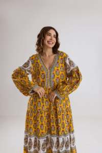 Floral Printed Maxi <b>Dress</b> Women V Neck Lantern Sleeve <b>Boho</b> Loose Cotton <b>Summer</b> Casual Eco-Friendly A-Line Silhouette <b>Dress</b> - Product Image 3