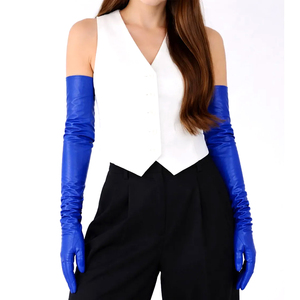 Gants de mode pour femme en cuir bleu foncé, longueur poignet, écologiques, respirants, pour extérieur, soirée, bal, pour rester au chaud - Product Image 1