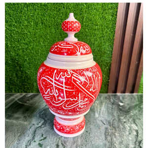 โถไม้คาลมาสีแดงขาว ลายนาคชี ทำจากไม้ชีแชม งานเขียนอักษรอิสลาม ของตกแต่งทำมือ ของตกแต่งบ้าน ของขวัญ - Product Image 1