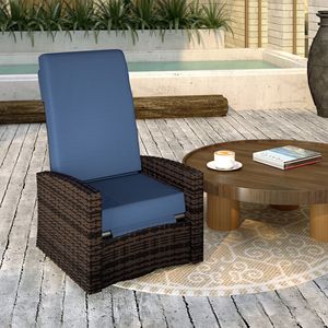Sedia Reclinabile Girevole da Esterno in Blu Scuro, Rotazione a 360 Gradi, Cuscini Resistenti all'Acqua con Poggiapiedi Sollevabile in Vimini - Product Image 2