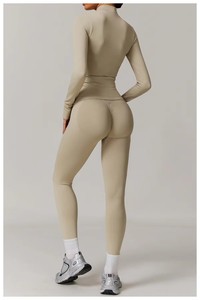 Ensemble de leggings de yoga sans couture à taille haute et manches longues, col rond, couleur unie, 2 pièces, en Spandex/Nylon extensible dans les quatre sens - Product Image 6