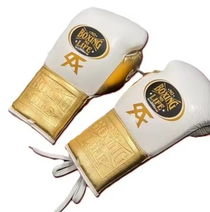 No Boxing No Life Leather Boxing Gloves White Gold <b>Lace</b>-Up Full Finger Adult Training Gear - Product Image 6