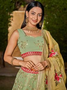 Conjunto Indio-Pakistaní de Georgette con Bordado Floral Verde, Blusa sin Mangas, Lehenga, Estola, Largo hasta el Suelo, Secado Rápido, para Bodas y Fiestas - Product Image 1