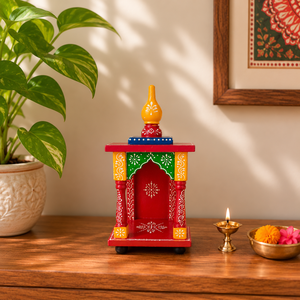 Petit Temple en Bois Rouge pour la Décoration Intérieure, Mandir en Bois de Mangue Fait Main, Pooja Ghar 4,5 x 4,5 x 9,5 Pouces, Peint à la Main, Écologique - Product Image 1
