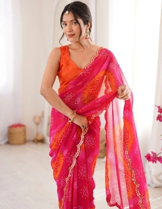 Sari Tradicional Bordado Bandhani de Georgette para Mujer KV con Blusa Reversible de Secado Rápido y Sin Arrugas (Rosa) - Product Image 2