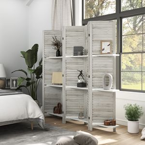 Paravento Artigianale a 5 Pannelli in Legno, Alto 170 cm, con 3 Ripiani e Vano Pieghevole, Bianco Anticato per Camere da Letto - Product Image 2
