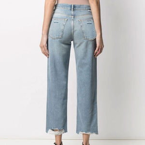 Jean en denim déchiré bleu clair pour femme, coupe droite, slim, effet usé, en coton, style décontracté vintage - Product Image 3