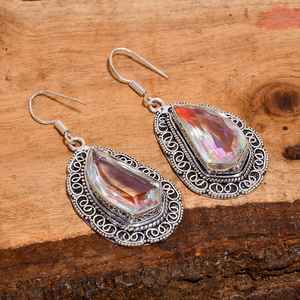Mystic Fire <b>Quartz</b> Silver Dangle Earrings Vintage Style 925 Sterling Silver Bohemian Handmade Jewelry Gift - Product Image 2