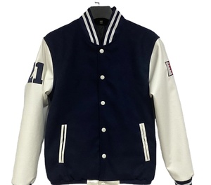 <b>Men's</b> Navy Blue Varsity <b>Jacket</b> With <b>Cream</b> PU Sleeves And Number 21 Patch Preppy Style Autumn Wear Regular Fit Turn-down Collar - Product Image 1