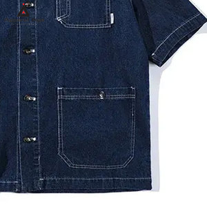 เสื้อเชิ้ตยีนส์ผู้ชายทรงเวิร์คแวร์ ปกคอพับ สีพื้น ใส่สบายๆ ทรงโอเวอร์ไซส์ สำหรับขายออนไลน์ - Product Image 6