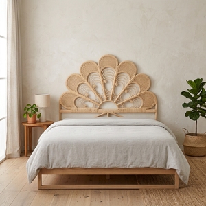 Cabecera de Cama Moderna y Minimalista con Diseño de Flor de Pavo Real, Estructura de Madera Ecológica, Tapizada en Microfibra Marrón, Personalizable - Product Image 3