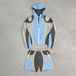 ชุดเซ็ตเสื้อแจ็คเก็ตกันลมสำหรับผู้ชายฤดูร้อน ชุดเซ็ตขาสั้นไนลอนสีตัดต่อสำหรับทุกเพศ - Product Image 3