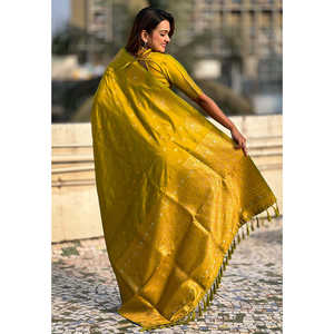 Sari de Noche de Seda Suave Verde Mehendi con Bordado de Zari Doble y Borde de Pavo Real - Product Image 4