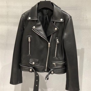 Veste moto en cuir PU pour femme, col montant, manches longues, fermeture éclair, longueur courte, couleur unie, style automne - Product Image 3
