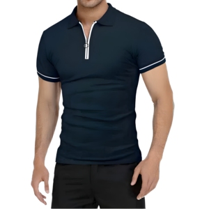 Polo à manches courtes pour homme, couleur unie, avec fermeture éclair, coupe décontractée, tricoté, noir - Product Image 1
