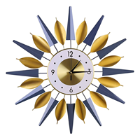Jam Dinding Mid Century Modern Sunburst Emas Biru Logam Starburst Tanpa Suara Baterai Terpasang Dekorasi Ruang Tamu