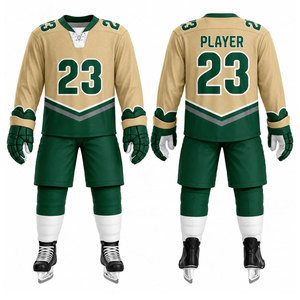 Ensemble de maillot de hockey sur glace pour homme, vert et or, imprimé par sublimation, évacuation de l'humidité, manches longues, uniforme adulte, col en V, coupe classique - Product Image 1