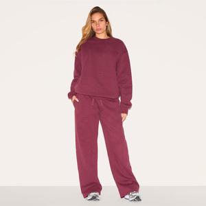 Women's <b>Brown</b> Cotton Tracksuit Set Crew Neck Sweatshirt Wide Leg Pants Casual Loose Fit Autumn Wear Solid Color Full Length - Product Image 4