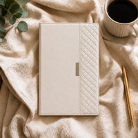 Carnet en cuir vegan PU crème beige LABON, avec surpiqûres matelassées et accentuations en cuir assorties, pages vierges professionnelles