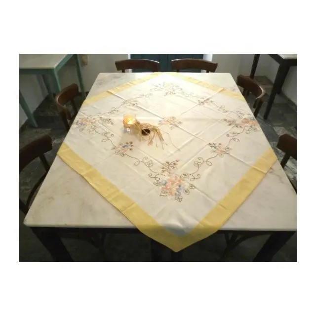 Style chinois personnalisable coton jaune bordure et fleur rétro Table brodée rectangulaire Table à manger pique-nique Camping tissu