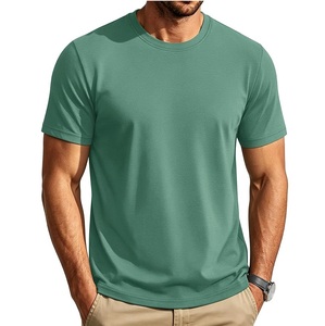 Camiseta de Manga Corta Verde Sólido para Hombre, Corte Regular, Cuello Redondo, Informal, Transpirable, Tejido de Jersey de Algodón - Product Image 1