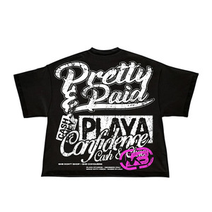 Pretty Paid Confidence Cash Chaos T-shirt formel noir oversize pour homme à manches courtes, col roulé, motif imprimé, 100% Coton - Product Image 1
