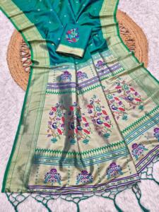 Sari en soie vert doux et lustré, style Banarasi, motif Pathani, vêtement ethnique pour mariage et fêtes, pour femmes - Product Image 5