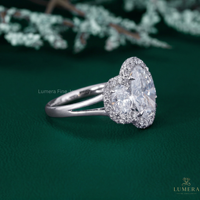Anillo de Compromiso y Boda de Lujo con Tres Diamantes de Corte Ovalado y Halo, Chapado en Oro Blanco, Certificado IGI, Color Fantasía, Unisex