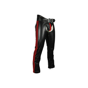 Leather Equestrian Pants With <b>Red</b> Stripes And Buckle Belt - Product Image 1
