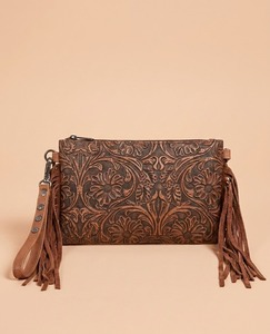 Handmade Floral <b>Tooled</b> <b>Leather</b> Shoulder Bag Tassel Wristlet Zipper <b>Pouch</b> for Travel Cosmetic Storage - Product Image 1