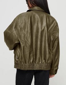 Veste moto pour femme en cuir PU vert tressé, à manches longues, fermeture éclair, col rabattable, style automne - Product Image 2