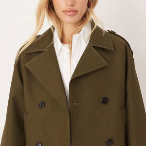 <b>Women's</b> Olive Green Double <b>Breasted</b> Trench <b>Coat</b> Crop Length Full Sleeve Solid Color Casual Outerwear Woven Polyester - Product Image 3