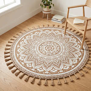 Alfombra Redonda de Yute Trenzado con Estampado de Mandala Azul para Sala de Estar, Decoración Bohemia, Costera y Nórdica para el Hogar - Product Image 5