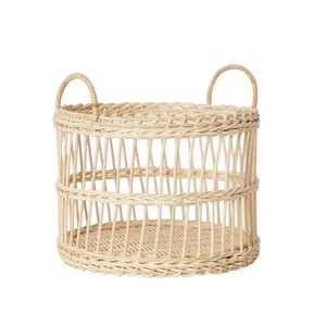 <b>White</b> Rattan <b>Basket</b> With Handles Handwoven Round Storage Bin Decorative Organizer For Home <b>Laundry</b> Or Living Room Decor - Product Image 4