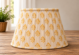 Abat-jour en lin imprimé avec motif floral d'arbre |   Abat-jour en tissu jaune crème et moutarde |   Abat-jour plissé pour table, sol - Product Image 4