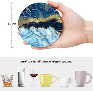 Blue Marble Golden Stone Table Absorbent Round Ceramic <b>Coasters</b> with Cork Base Metal Holder Luxury Marble Pattern <b>Drink</b> - Product Image 4