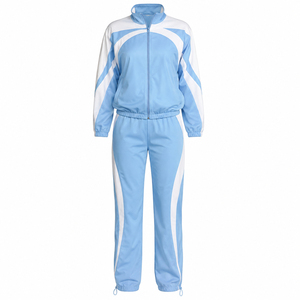 Chándal Deportivo para Mujer, Color Azul Claro y Blanco, con Bloques de Color, 2 en 1, Manga Larga, Cuello con Capucha y Cremallera, Corte Regular, Transpirable, para Invierno - Product Image 1